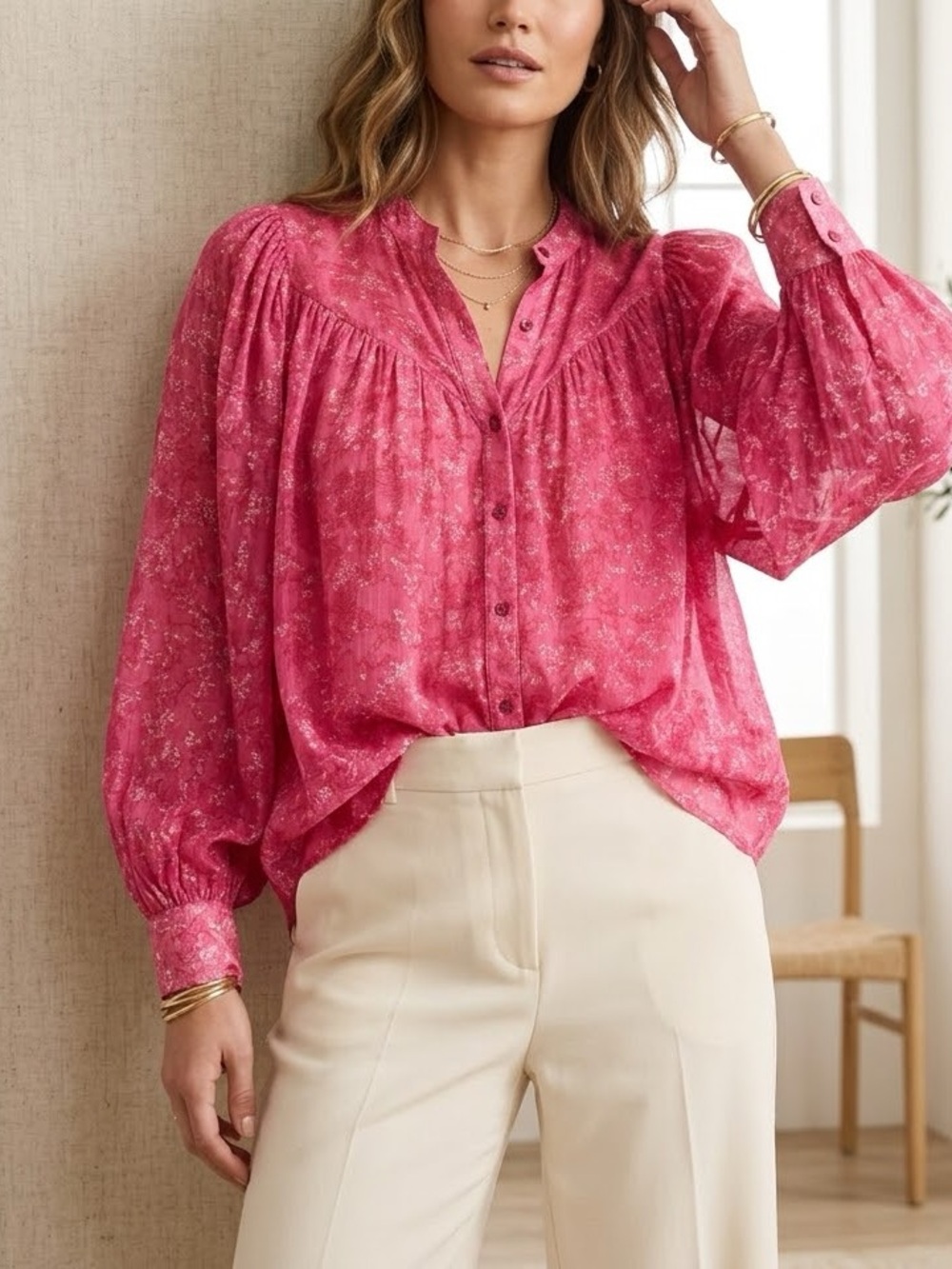 CeCe Blousy Pink with Puffy Sleeves Blouse